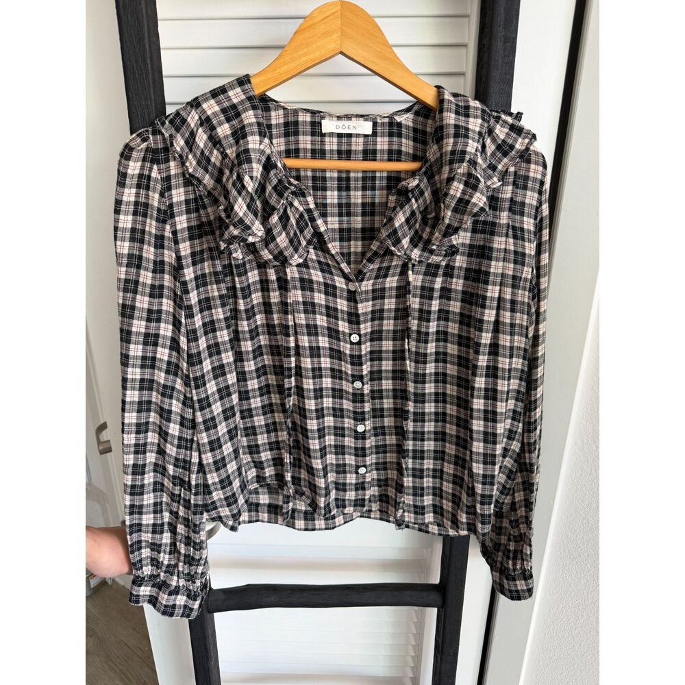 Doen Joelle Top NAVY COUNTRYSIDE PLAID size M - Picture 9 of 14